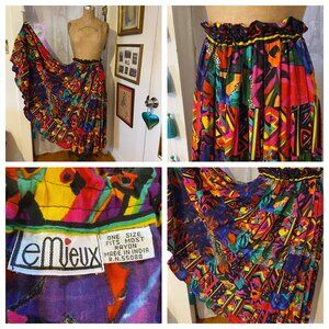 vtg 90s LE MIEUX Bold Abstract Maxi Drawstring Peasant Skirt India Y2K OS EUC